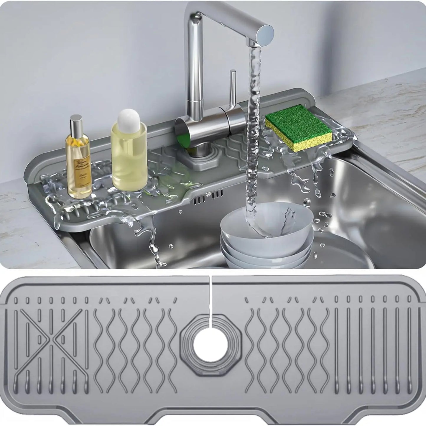 Kitchen Sink Splash Guard17 x 5.9Silicone Faucet MatSink Faucet Mat Splash Guard 5 Degree Slope Design for Quick Drainage Foldable Pad Essentials for Kitchen and Bathroom(Gray)