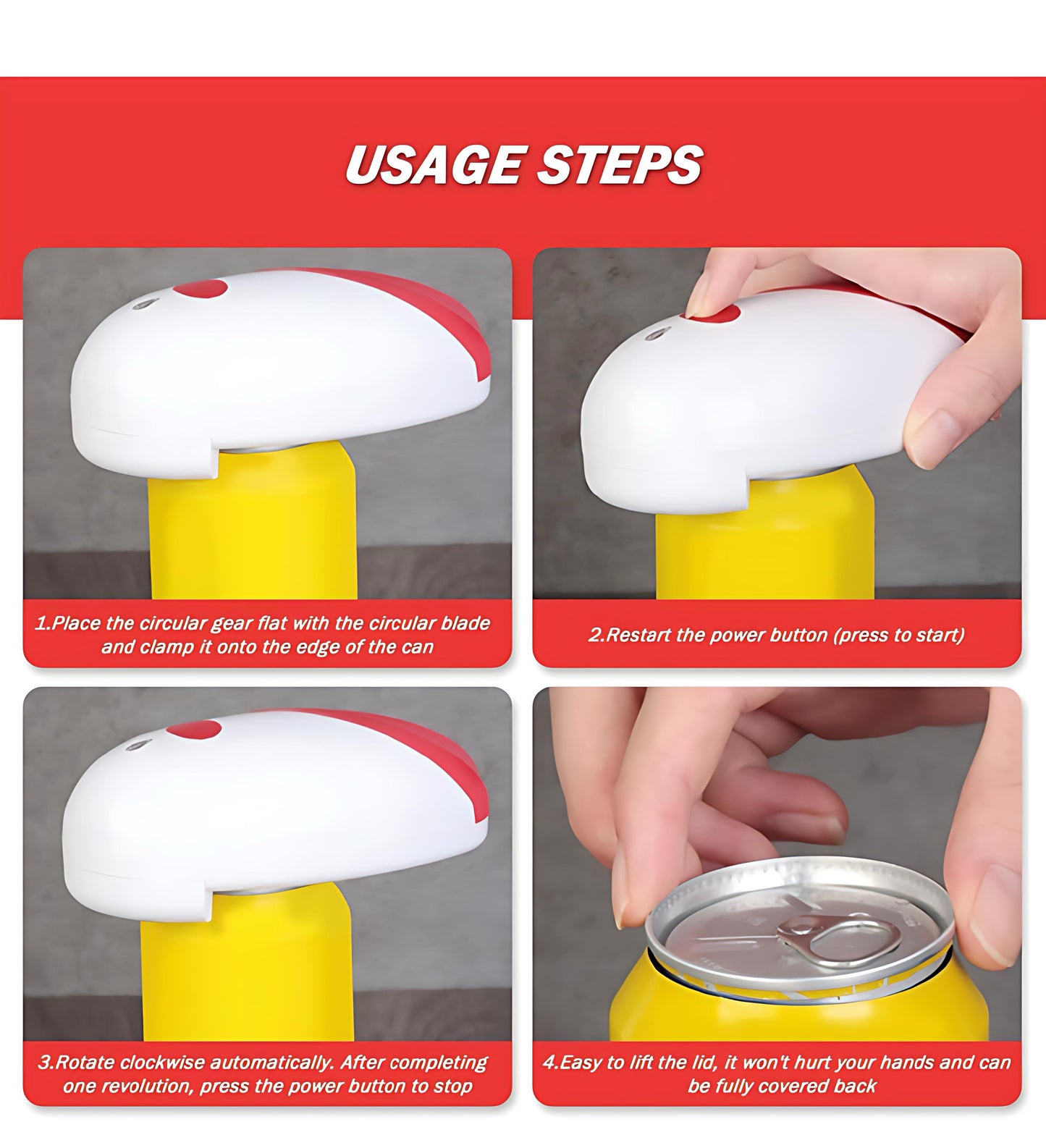 VEMJO Electric Can Opener For Kitchen One Touch Automatic Can Opener Electric for Almost Cans Hands Free Battery Operated Can Opener For Seniors and Arthritis Smooth Edge Food-Safe (Red) Large